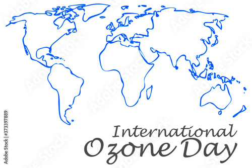 hand drawn world map with text international ozone day.vector illustration.