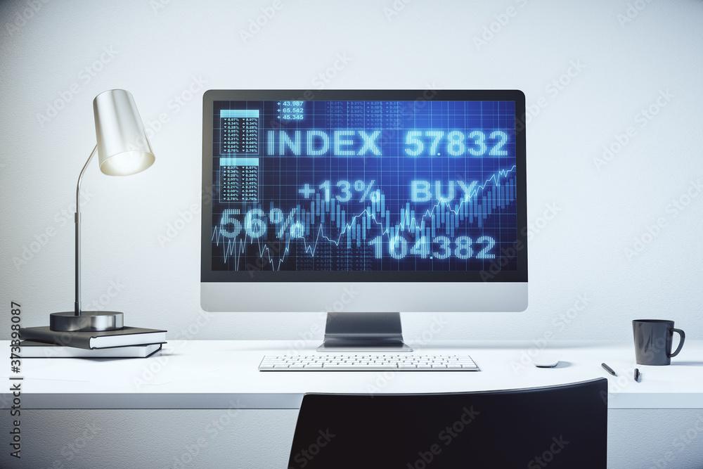 Computer monitor with abstract financial graph, finance and trading concept. 3D Rendering Computer monitor with abstract financial graph, finance and trading concept. 3D Rendering