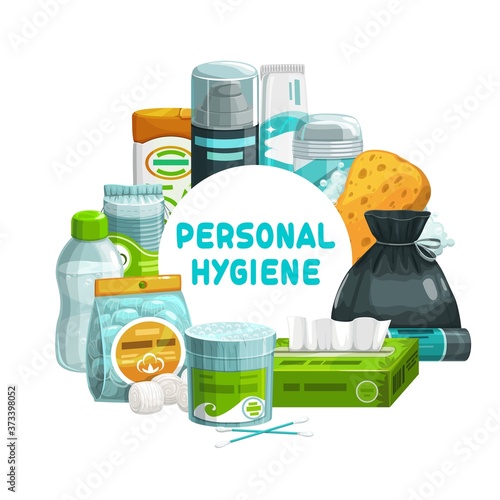 Personal hygiene, bathroom and shower care items, vector banner. Personal hygiene and toiletries, bathroom sponge, toothbrush and toothpaste, shaving gel, cotton buds and wet towel or paper tissue