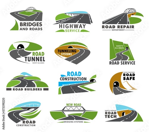 Road icons, highway and way route path or pathway, vector transport traffic streets. Road service, repair and construction, bridge and tunnels builders company symbols, safe trip and journey signs