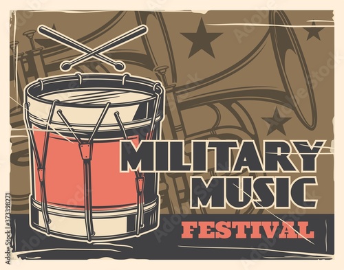 Music festival, military band and army parade vector poster. Military guard music instruments trumpet brass and drums, solider academy march parade and independence day ceremony live concert