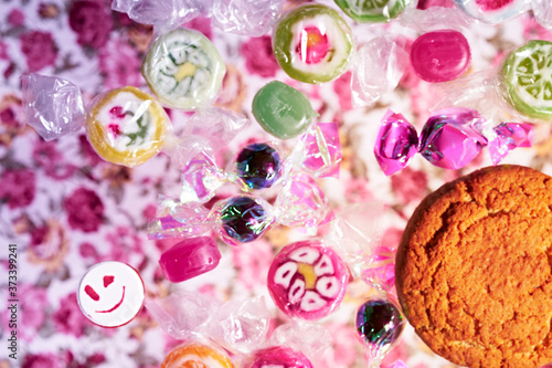 Multi-colored delicious lollipops. Various sweets.