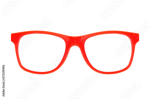 Red plastic frame eyeglasses isolated on white background