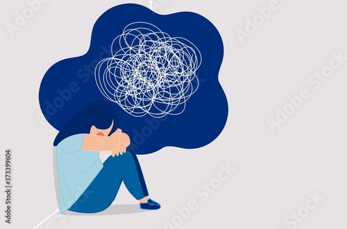 Psychotherapy and psychology help with depressive disorders. a woman suffering from prolonged sadness, fatigue, chronic pain, headaches or stomachaches.vector Illustration