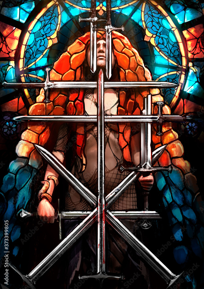 A tarro card with nine swords, which shows a beautiful naked girl surrounded by blades, she has long orange hair, she stands against a stained glass background. 2D illustration. A tarro card with nine swords, which shows a beautiful naked girl surrounded by blades, she has long orange hair, she stands against a stained glass background. 2D illustration.