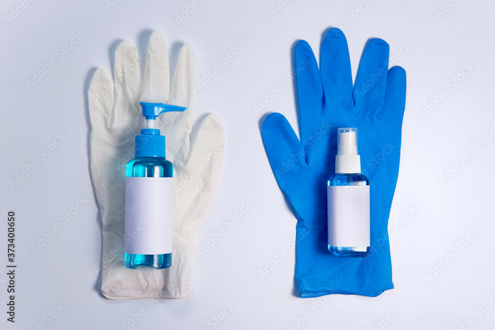 Top view two blue alcohol liquid container packaging for medical