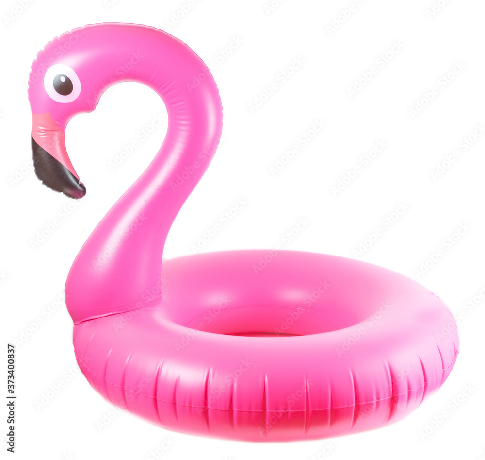 Fototapeta Pink pool. inflatable flamingo for summer beach isolated on white background. Pool float party.