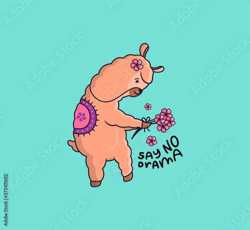 The funny Cartoonish llama in boho style. Animal holding a bouquet of flowers.
