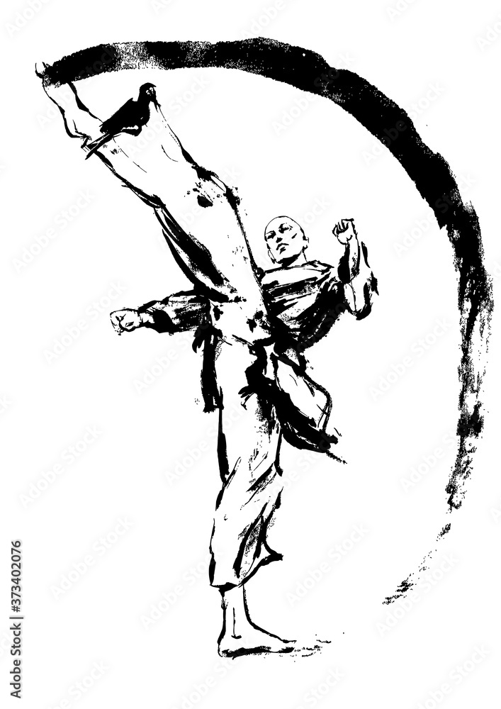 A bald karate fighter in a kimono makes a beautiful circular kick, leaving an ink trail, drawn in ink. 2D illustration. A bald karate fighter in a kimono makes a beautiful circular kick, leaving an ink trail, drawn in ink. 2D illustration.