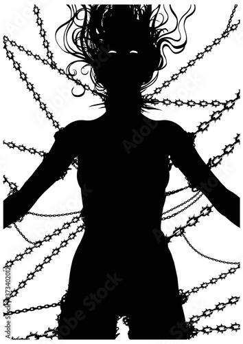 Silhouette of an exhausted woman chained in chains and thorns, beggingly looking up into the heavens. 2D illustration. photo