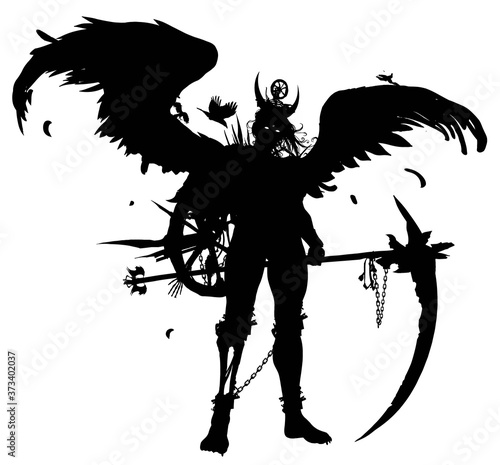 A powerful creepy demon with a huge scythe and large black feathered wings stands in an epic pose, sparkling with his eyes. 2D illustration.