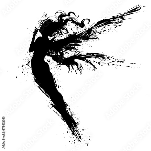 A silhouette of a beautiful fairy with long blotted wings, she thoughtfully flies up, stretching her slender legs. 2D illustration.