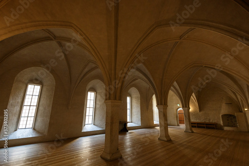 Large and empty hall inside the medieval and historical Turku Castle in Turku  Finland.