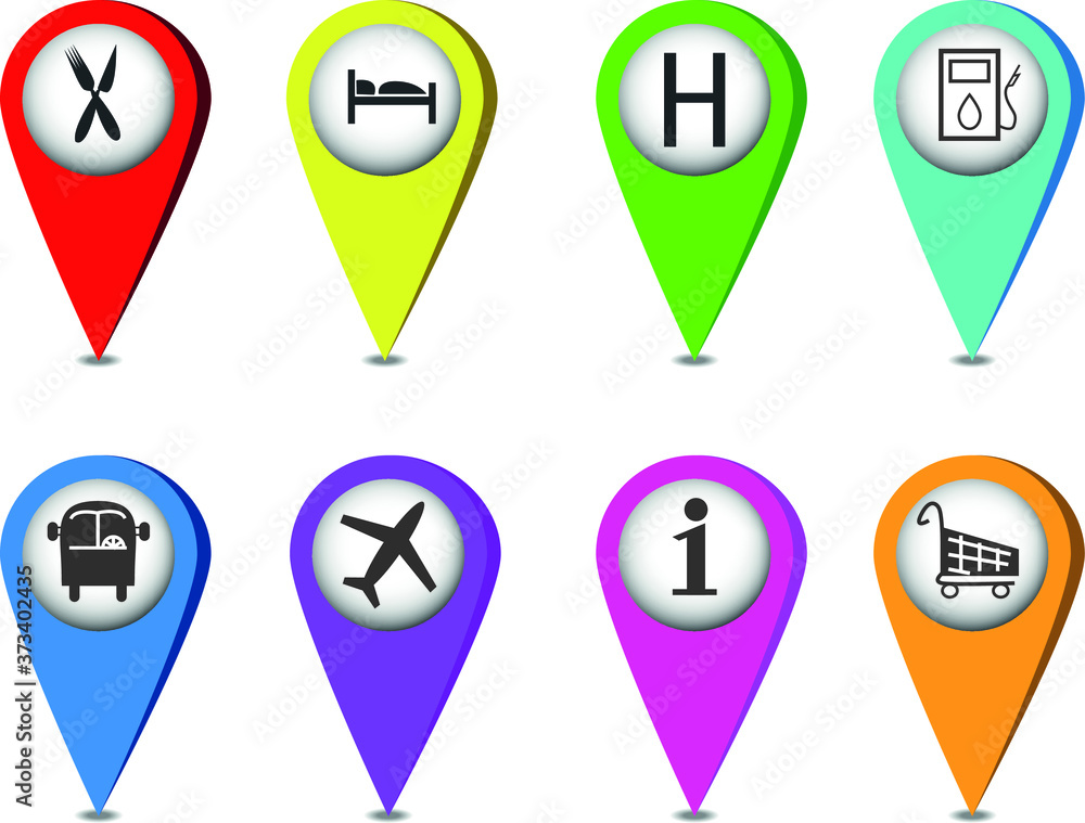 Set of map poiters with different colors, white center, 3d effect and shadow. Identification of the hotel, restaurant, hospital, gas station, bus stop, airport, information center and shopping center Set of map poiters with different colors, white center, 3d effect and shadow. Identification of the hotel, restaurant, hospital, gas station, bus stop, airport, information center and shopping center