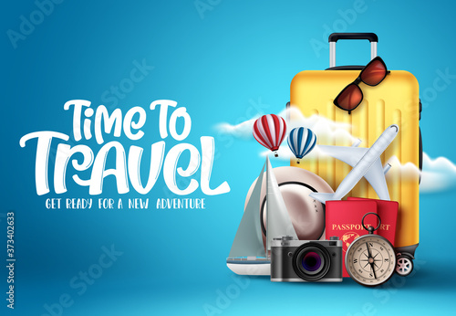 Time to travel vector design. Time to travel text in empty space with traveling elements like luggage, bags, passport, camera and compass in blue background. Vector illustration.
