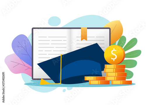 Education money loan credit concept or scholarship graduate cost, college tuition financial fee vector, study or learning knowledge investment cash, academic degree flat cartoon illustration colorful