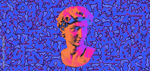 Cyberpunk-style collage with plaster 3D head and pixel artifacts. Vaporwave and retrowave aesthetics from the 80s.