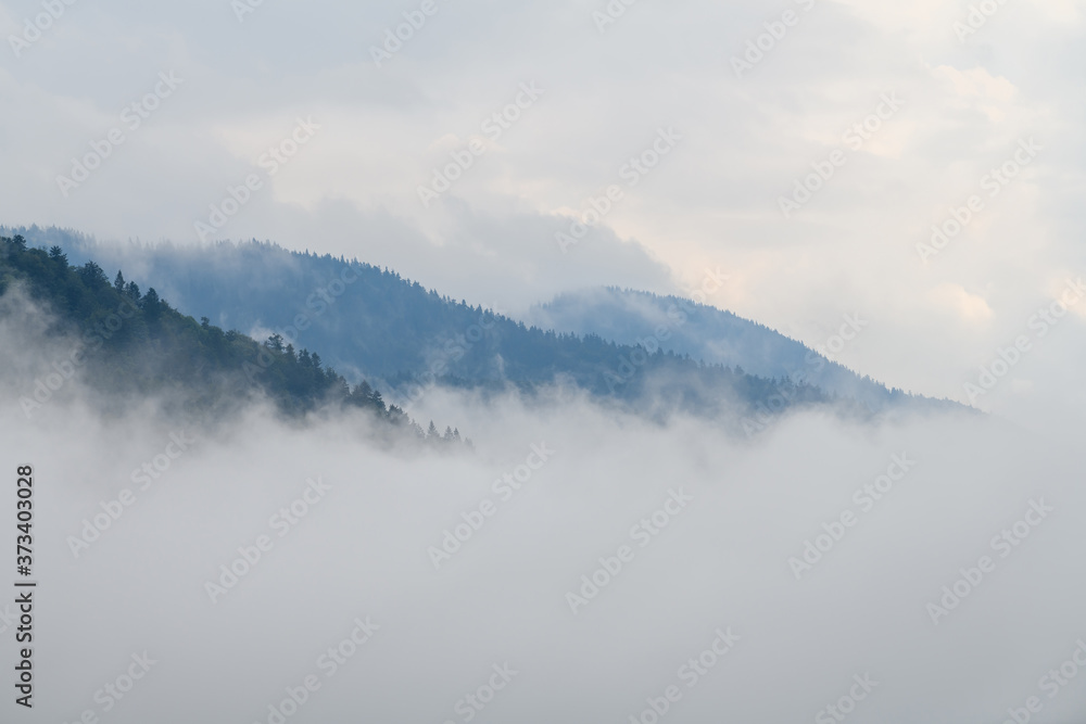 Majestic view on beautiful fog and cloud mountains in mist landscape.