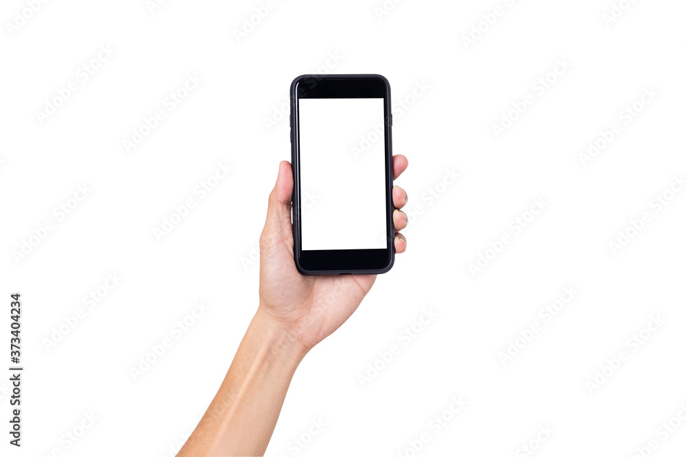 Hand man holding mock up mobile smartphone with blank screen isolated on white background with clipping path Hand man holding mock up mobile smartphone with blank screen isolated on white background with clipping path