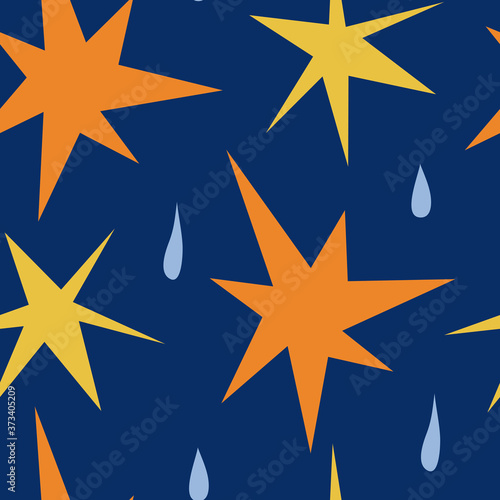 Autumnal minimalistic vector seamless pattern with orange and yellow stars and raindrops on dark blue background