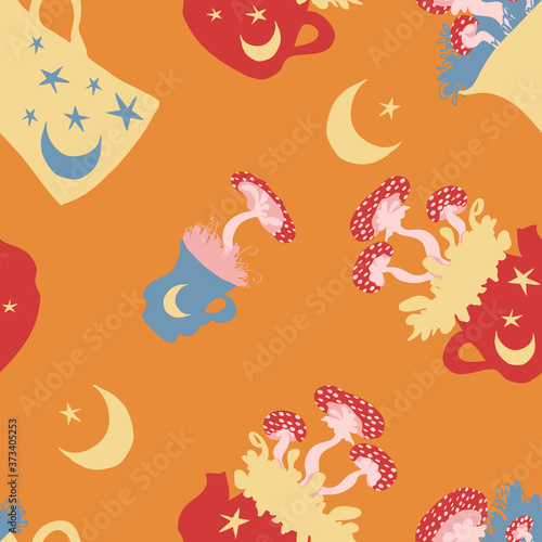 Autumnal vector seamless pattern with magic mushrooms in jug  kettles and cups in cozy colors on orange background with moons and stars