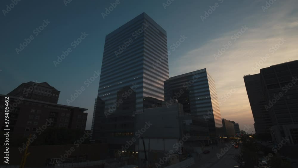 Cinematic aerial shot of empty downtown city at twilight during the Covid 19 lockdown Cinematic aerial shot of empty downtown city at twilight during the Covid 19 lockdown