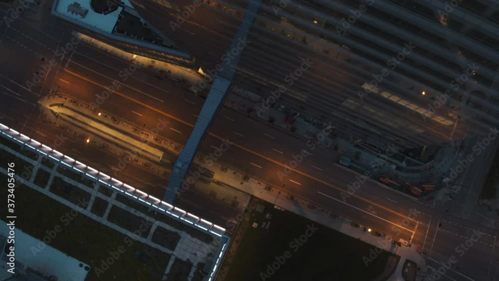 Cinematic aerial shot of empty downtown city at twilight during the Covid 19 lockdown Cinematic aerial shot of empty downtown city at twilight during the Covid 19 lockdown
