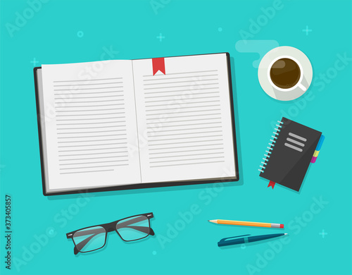 Book or notebook diary open reading on learning desk table top vector, writing textbook text pages, notepad paper with bookmark, pen and pencil on workplace flat cartoon illustration modern design