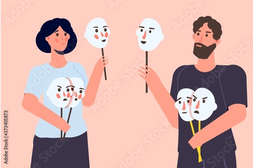 Fake emotion, play a role concept. Character holds masks with different emotions. Vector illustration, flat style