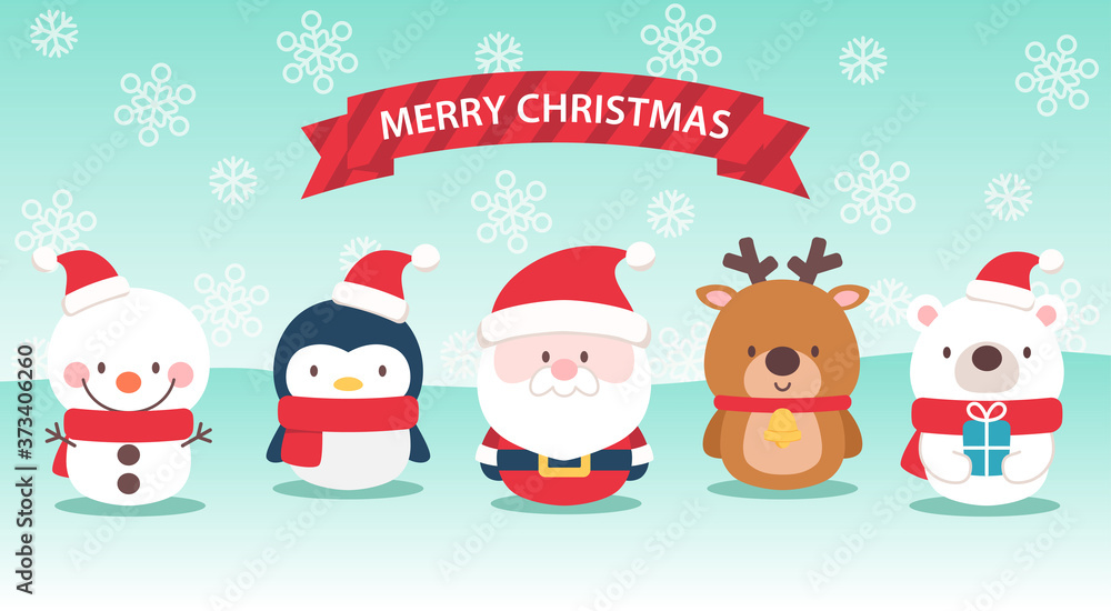 Fototapeta premium Cute Christmas characters on snowy scene background. Santa Claus, reindeer, snowman, baby penguin, and polar bear. 
