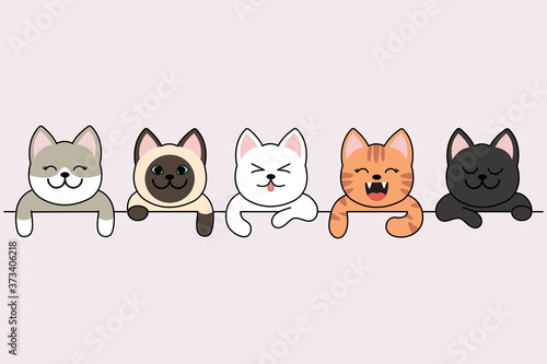 Different cartoon cats front border set, poses and emotions.