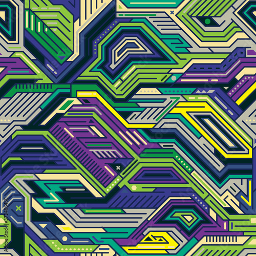 Pop and Colorful Circuit Board Puzzle Seamless Pattern, Electricity component. Vector Wallpaper Background