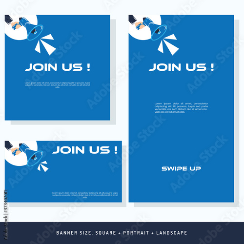 JOIN US ! Hand holding a megaphone with a announcement speech bubble.
Banner for social media and printout vector AI, eps10