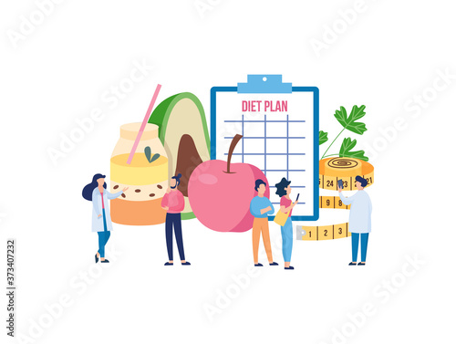 Healthy food and diet planning with people flat vector illustration isolated.