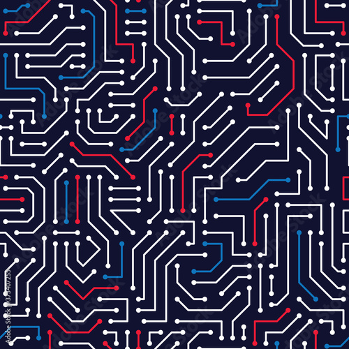 Pop and Colorful Circuit Board Puzzle Seamless Pattern, Electricity component. Vector Wallpaper Background