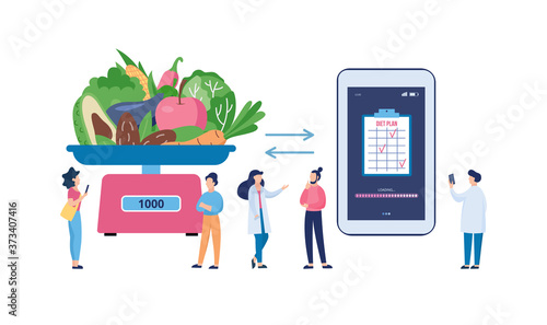 Healthy food and diet planning with people flat vector illustration isolated.