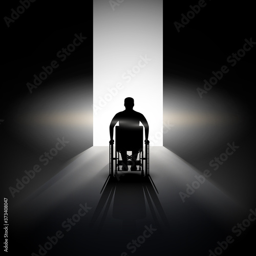 Light at the end of the tunnel and Silhouette of Disabled man in wheelchair. Concept illustration of hope and way out of crisis. Editable Vector Illustration