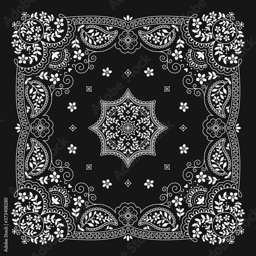 Bandana Paisley Ornament Pattern Classic Vintage Black and White Vector Design