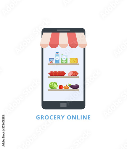 Mobile phone screen with grocery shelves flat vector illustration isolated.