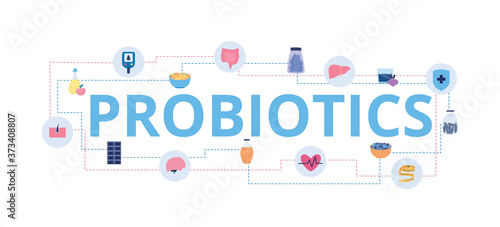 Probiotics letters and bifidobacteria icons flat vector illustration isolated.