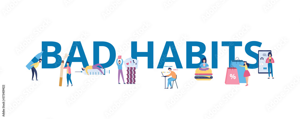 Bad habits banner with cartoon people drinking alcohol, smoking cigarettes, etc. Bad habits banner with cartoon people drinking alcohol, smoking cigarettes, etc.