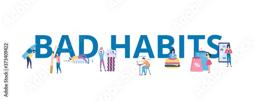 Bad habits banner with cartoon people drinking alcohol, smoking cigarettes, etc.