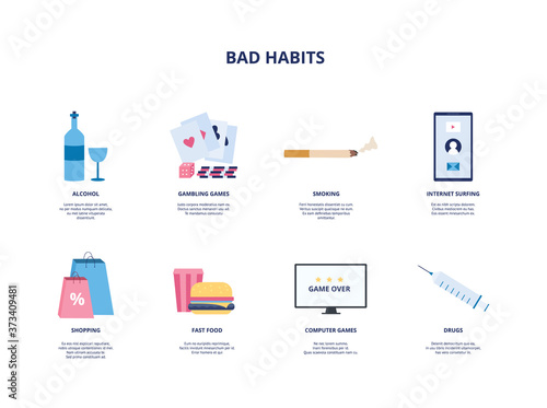 Bad habits and unhealthy addictions icons set flat vector illustration isolated.