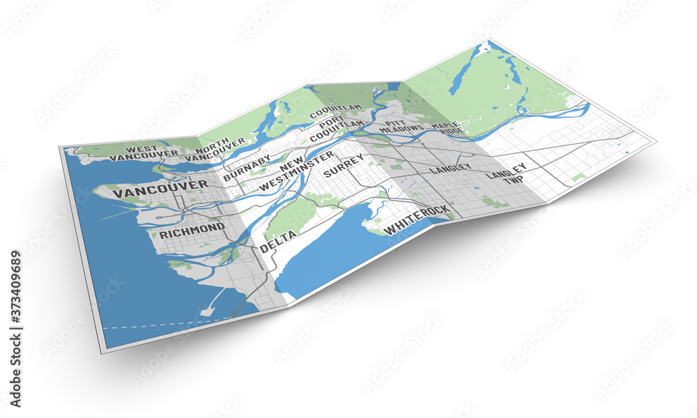 3d map of greater Vancouver and municipalities, BC, Canada. Perspective view of a 4-folded leaflet or brochure with modern map of metro Vancouver. Cities written in modern font. Isolated on white.