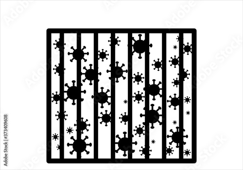 Iconos de corona virus de diferentes tamaños tras los barrotes de prisión sobre fondo blanco