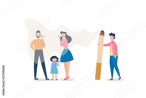 Cartoon family in secondhand smoke from man smoking cigarette