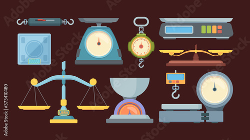 Weigher large set. Manual for street food markets accurate electronic scales large sized with dial for warehouse and wholesale lots kitchen measuring scales products floor scales. Flat vector art.