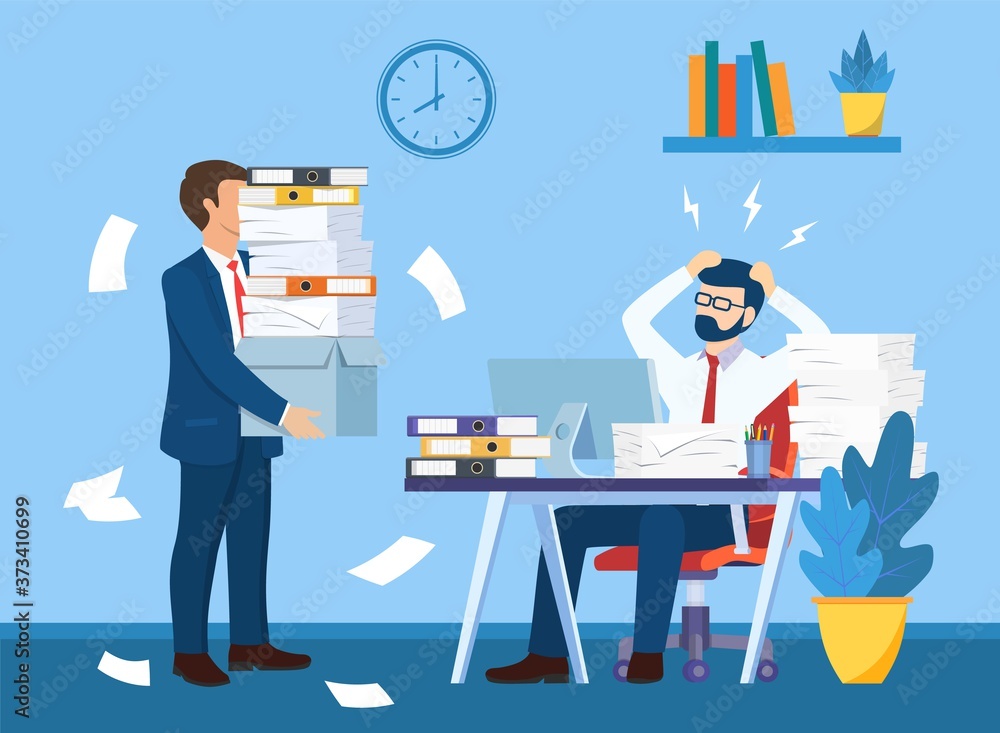 Overworked in the office. male worker at the desk exhausted with too much paper work, his colleague with full of paper, documents. Vector illustration in flat style