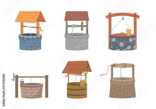 Water well set. Rustic stone and wood design with bucket and protective cover old traditional drinking water lift must have in city and village since ancient times. Cartoon vector.