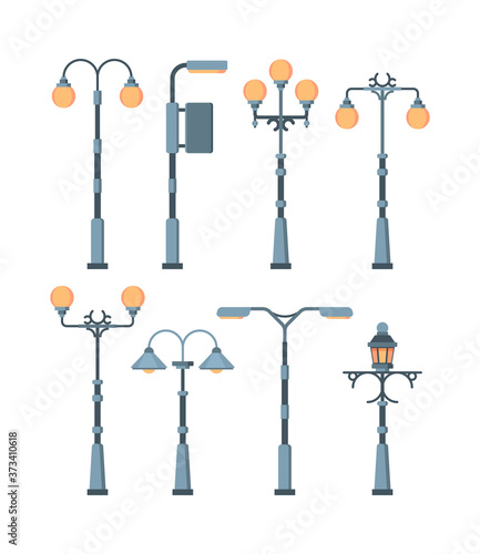 Street lights set. Traditionally and retro city lighting lamps antique vintage designs high metal structures of curved openwork shape elegant forging elements. Pillar vector.